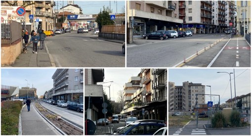 Dall'alto in senso orario: via Tonale e via Carcano, che diventeranno a doppio senso di marcia, poi l'area della stessa via Carcano dove sorgerà il complesso residenziale-commerciale con parcheggi, quindi via Cairoli che potrebbe essere percorribile a senso unico verso via Garibaldi e, infine, l'inizio di viale Belforte con la ciclopedonale