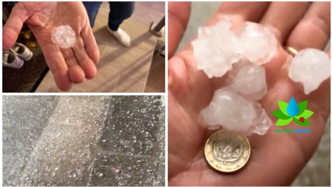 Dall'alto in senso orario i chicchi di grandine caduti al Sacro Monte (foto Livio Lonati) e a Leggiuno (foto NaturalMeteo)