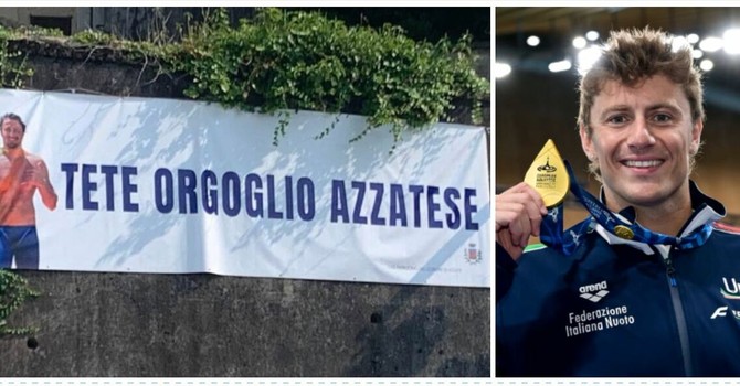 Nicolò sorridente con l'oro vivo addosso e, a sinistra, lo striscione con cui la sua Azzate lo ha celebrato questa mattina, come dopo ogni grande vittoria Nicolò sorridente con l'oro vivo addosso e, a sinistra, lo striscione con cui la sua Azzate lo ha celebrato questa mattina, come dopo ogni grande vittoria