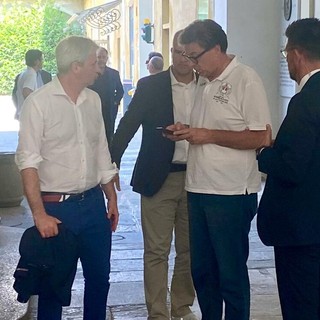 Galimberti e Giorgetti al termine del vertice sul calcio di oggi a Palazzo Estense
