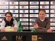 Il dg Max Di Caro e l'allenatore Spilli in conferenza stampa dopo la salvezza