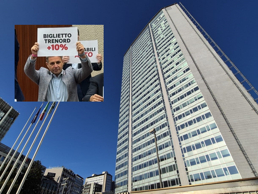 Palazzo Pirelli e, nel riquadro, il consigliere Astuti durante una recente protesta in aula Palazzo Pirelli e, nel riquadro, il consigliere Astuti durante una recente protesta in aula