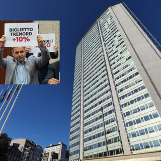 Palazzo Pirelli e, nel riquadro, il consigliere Astuti durante una recente protesta in aula
