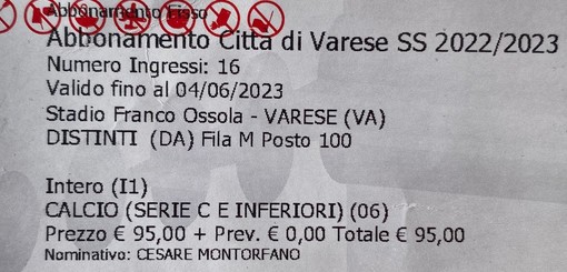 L'abbonamento che Cesare Montorfano restituisce al presidente del Città di Varese, Stefano Amirante, dopo una vita di tessere biancorosse