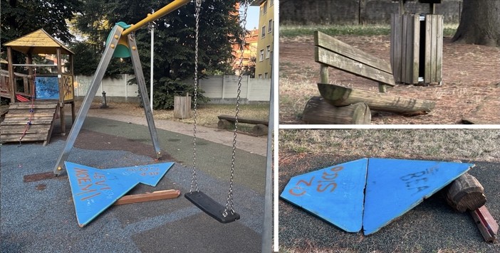 Il parco come appariva ieri, con la "ricostruzione" di una pista sul vialetto e i pezzi mancanti di giochi e panchina Il parco come appariva ieri, con la "ricostruzione" di una pista sul vialetto e i pezzi mancanti di giochi e panchina