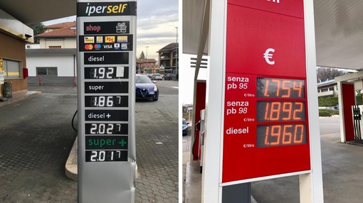 A destra i prezzi del benzinaio di via Matteotti, ad Arcisate; a sinistra quelli di una stazione di rifornimento a Stabio