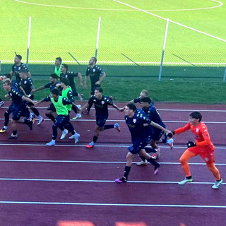 I giocatori del Varese mano nella mano corrono sotto la curva a fine partita