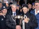 Il sindaco Davide Galimberti, il capitano dei Mastini Andrea Vanetti e il presidente Carlo Bino con la Coppa Italia alla festa di stasera al Broletto