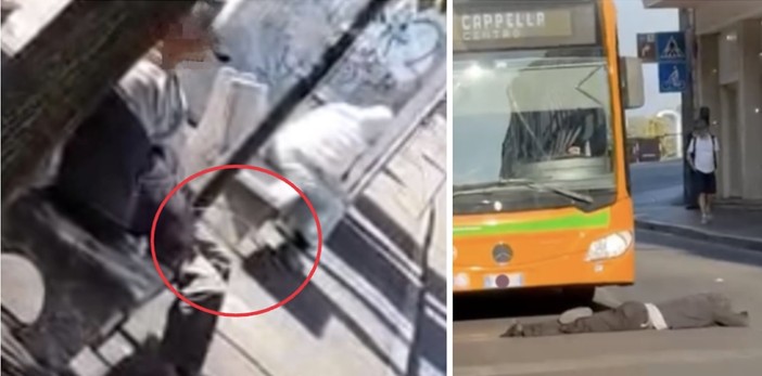 A sinistra: l'uomo che urina seduto sulla panchina in via Casula. A destra: la persona a terra che blocca l'autobus in via Morosini A sinistra: l'uomo che urina seduto sulla panchina in via Casula. A destra: la persona a terra che blocca l'autobus in via Morosini