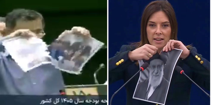 Deputato iraniano strappa la foto di politici europei. C’è anche Tovaglieri Deputato iraniano strappa la foto di politici europei. C’è anche Tovaglieri