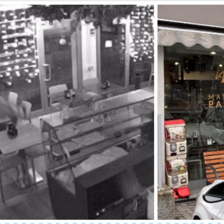 A sinistra: il ladro mentre si cala dalla finestrella. A destra: l'ingresso del pastificio &quot;Mani in Pasta&quot;