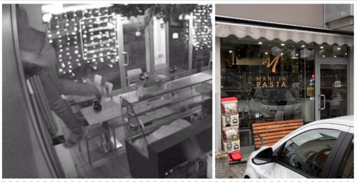A sinistra: il ladro mentre si cala dalla finestrella. A destra: l'ingresso del pastificio "Mani in Pasta" A sinistra: il ladro mentre si cala dalla finestrella. A destra: l'ingresso del pastificio "Mani in Pasta"