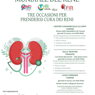 Giornata mondiale del rene 2026: screening gratuiti a Varese e Tradate con ASST Sette Laghi