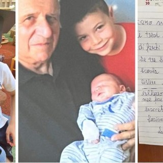 L'amore di un nonno per i suoi nipoti. Giorgio Grossi insieme a Marco e Luca e la letterina-promessa scritta a Luca insieme a nonna Luciana