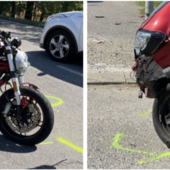 La moto dopo l'incidente e il segno della collisione con l'auto (foto da ilSaronno.it)