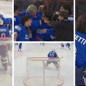 Tutti su Filippo Matonti (con il numero 20) che urla di gioia alla vittoria del Mondiale Under 18 di Asiago