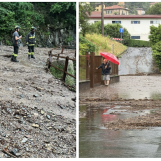A sinistra: lo smottamento sulla Sp8 a Cittiglio. A destra: allagamenti in via Monteggia a Laveno (entrambe le foto dalla pagina "Laveno Mombello e dintorni")