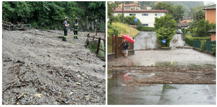 A sinistra: lo smottamento sulla Sp8 a Cittiglio. A destra: allagamenti in via Monteggia a Laveno (entrambe le foto dalla pagina "Laveno Mombello e dintorni") A sinistra: lo smottamento sulla Sp8 a Cittiglio. A destra: allagamenti in via Monteggia a Laveno (entrambe le foto dalla pagina "Laveno Mombello e dintorni")