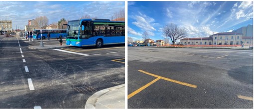 A sinistra il nuovo terminal bus di piazzale Kennedy e a destra il piazzale di viale Milano dove torneranno gli stalli blu per parcheggiare l'auto