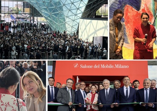 In senso orario, la folla pronta a entrare alle 9.30, Marva Griffin e Maria Porro con la stampa estera, il taglio del nastro (copyright Salone del Mobile) e Giorgia Meloni con Porro (foto cortesia FederlegnoArredo) In senso orario, la folla pronta a entrare alle 9.30, Marva Griffin e Maria Porro con la stampa estera, il taglio del nastro (copyright Salone del Mobile) e Giorgia Meloni con Porro (foto cortesia FederlegnoArredo)