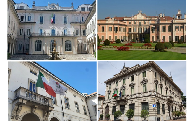 In alto a sinistra Villa Recalcati, sede della Provincia. Poi, in senso orario, i comuni di Varese, Busto Arsizio e Gallarate
