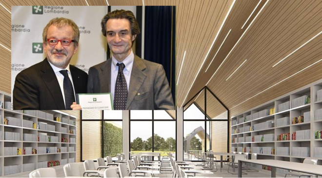 Il render del nuovo centro e, nel riquadro, Maroni (sinistra) e Fontana. In fondo, l'edificio oggi