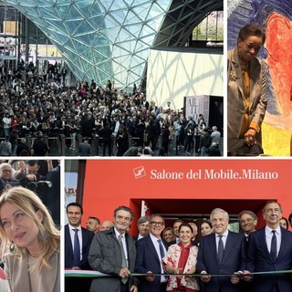 In senso orario, la folla pronta a entrare alle 9.30, Marva Griffin e Maria Porro con la stampa estera, il taglio del nastro (copyright Salone del Mobile) e Giorgia Meloni con Porro (foto cortesia FederlegnoArredo)
