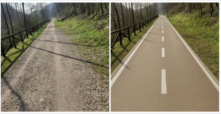 La pista: com'è (a sinistra) e come sarà (a destra) La pista: com'è (a sinistra) e come sarà (a destra)