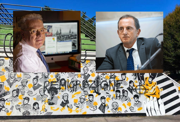 Il murale sfregiato. Nei riquadri, Maurizio Maggioni (a sinistra) ed Emanuele Antonelli