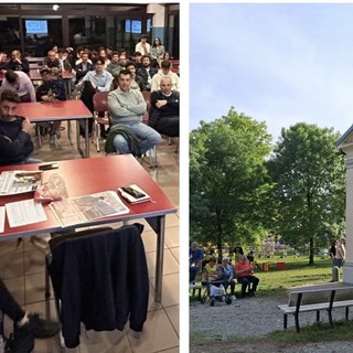 Il gruppo della fiaccola votiva con don Paolo e la chiesa di Madonna in Campagna