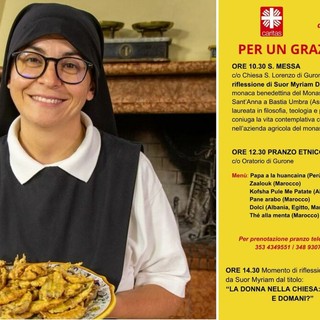 Una foto di suor Myriam D'Agostino dalla pagina instagram "lacucinadellemonache" e la locandina dell'evento di domenica a Gurone organizzato dalla Caritas