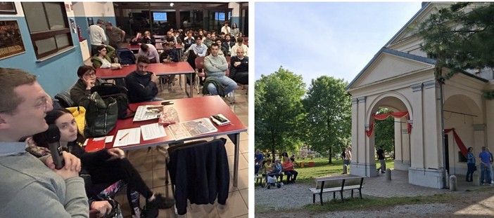 Il gruppo della fiaccola votiva con don Paolo e la chiesa di Madonna in Campagna