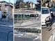 Lo spartitraffico con isola pedonale in pieno viale Borri, all'incrocio con via Gozzi: a sinistra il camion incastrato nel tentativo di svolta a destra di ieri pomeriggio, a destra l'incidente di stamattina. Al centro un cartello divelto da mezzi in manovra che passano a fatica o non riescono a deviare