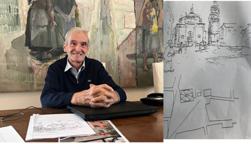 L'architetto Stefano Castiglioni e alcuni disegni del padre, eseguiti a memoria