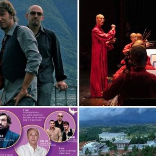 Dall'alto a sinistra i tre fratelli Settegrani Flavio (batterista), Fabrizio (voce) e Mauro (chitarra), l'Orchestra Sinfonica Jinghui Guangxuan, il tempio Xizu in Madagascar e la locandina dell'evento a cui sarà presente anche Andrea Pirlo