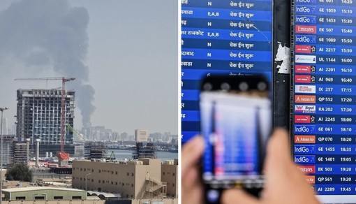 La foto del fumo sopra Dubai dalla nave e a lato un'immagine Adnkronos in aeroporto