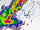 Il radar di Meteo Svizzera con il fronte temporalesco con grandine in spostamento da sudovest prima delle 15 di oggi