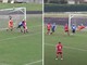 La traversa colpita da Torraca (a sinistra) e il miracolo del portiere dell'Ispra Oniscodi sul colpo di testa di Gabrielli (destra)
