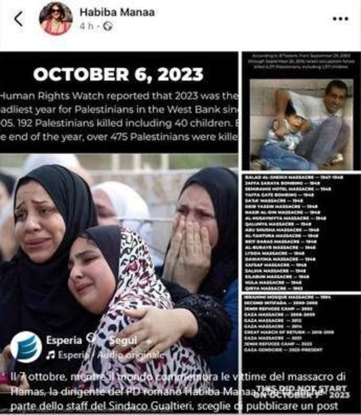 7 ottobre, Esperia: "Mentre si commemora il massacro di Hamas, una componente del Pd romano e dello staff di Gualtieri attacca Israele sui social"